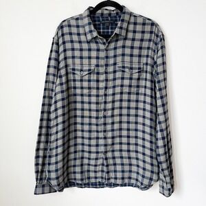 John Varvatos Flannel Plaid Button Down Shirt Mens Large Gray Navy Blue Fall